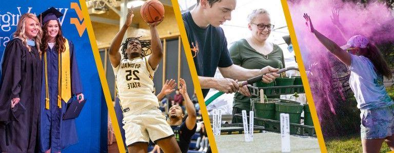 Four images in a collage, one of a person celebrating with pink powder, one of people taking care of plants, one of a man shooting basketball, one of two people posing in graduation robes 